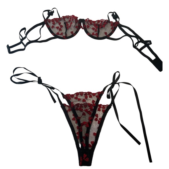 Red Heart Lingerie Set Sheer‎ Mesh Bra and Panty Tie Side Valentine's Day Medium - Picture 1 of 4